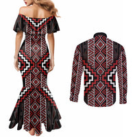 Red Tukutuku Pattern Aotearoa Couples Matching Mermaid Dress and Long Sleeve Button Shirt Niho Taniwha and Puhoro Motifs