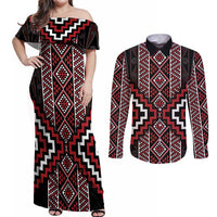 Red Tukutuku Pattern Aotearoa Couples Matching Off Shoulder Maxi Dress and Long Sleeve Button Shirt Niho Taniwha and Puhoro Motifs