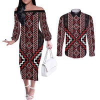 Red Tukutuku Pattern Aotearoa Couples Matching Off The Shoulder Long Sleeve Dress and Long Sleeve Button Shirt Niho Taniwha and Puhoro Motifs