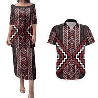 Red Tukutuku Pattern Aotearoa Couples Matching Puletasi and Hawaiian Shirt Niho Taniwha and Puhoro Motifs LT7 Red - Polynesian Pride