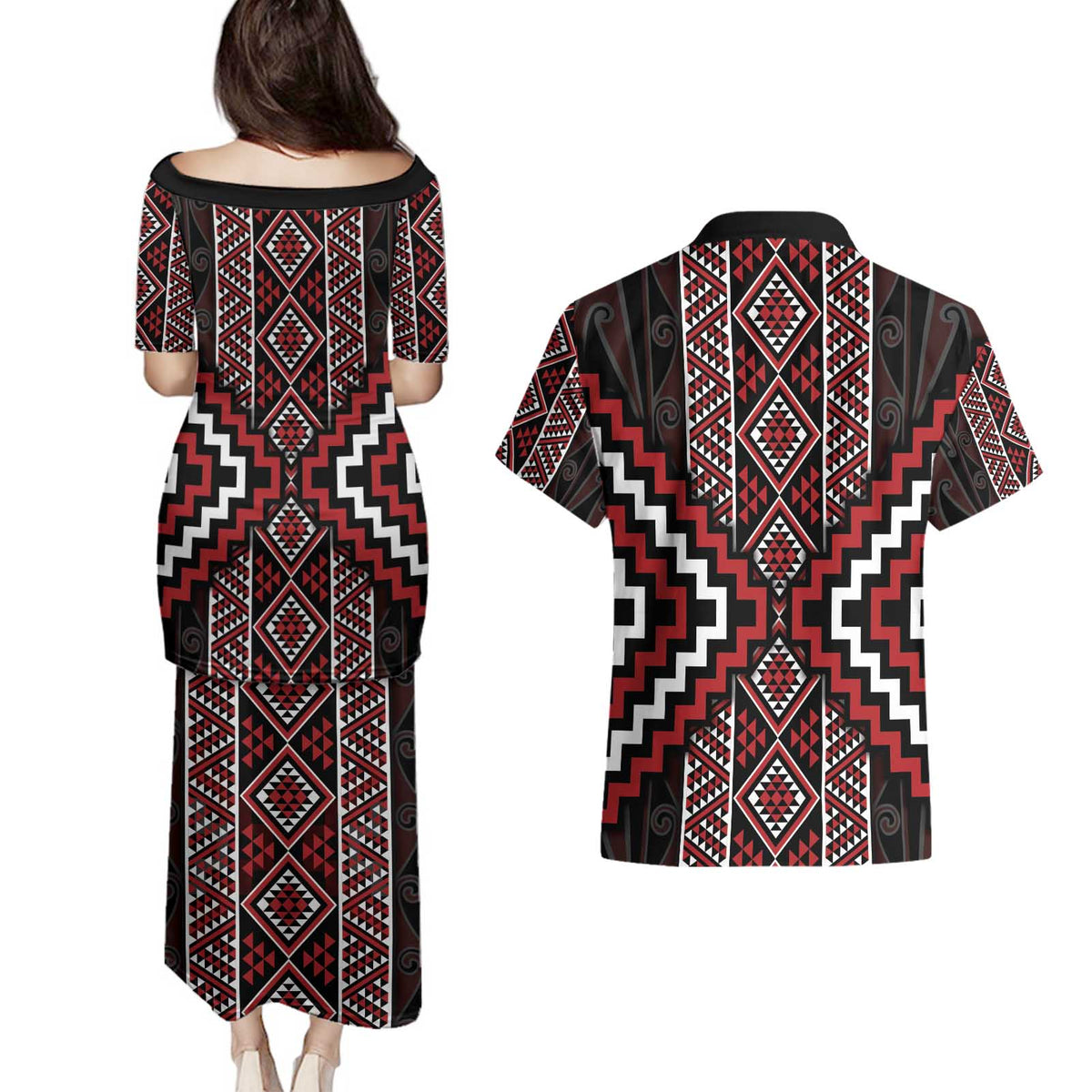 Red Tukutuku Pattern Aotearoa Couples Matching Puletasi and Hawaiian Shirt Niho Taniwha and Puhoro Motifs LT7 - Polynesian Pride