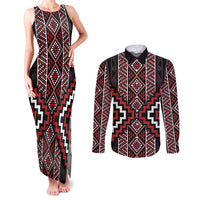 Red Tukutuku Pattern Aotearoa Couples Matching Tank Maxi Dress and Long Sleeve Button Shirt Niho Taniwha and Puhoro Motifs