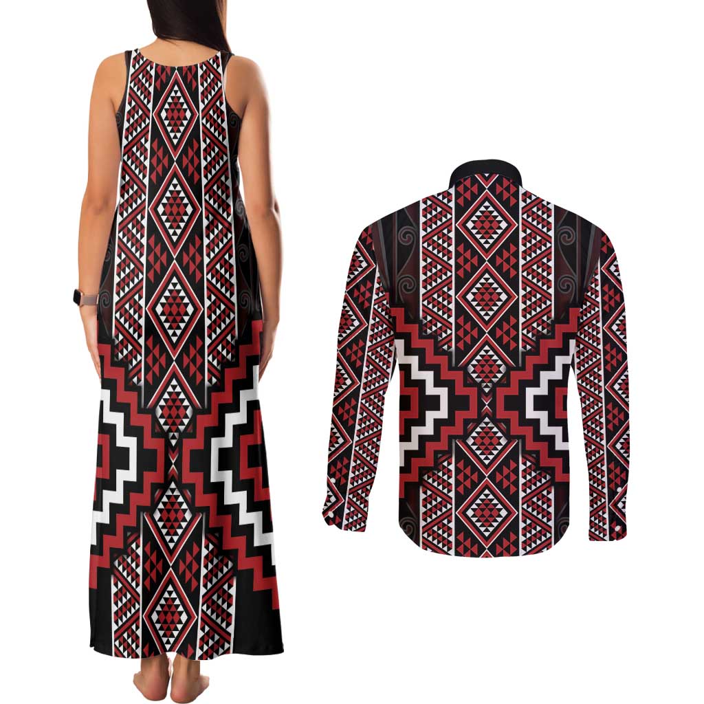 Red Tukutuku Pattern Aotearoa Couples Matching Tank Maxi Dress and Long Sleeve Button Shirt Niho Taniwha and Puhoro Motifs