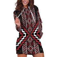 Red Tukutuku Pattern Aotearoa Hoodie Dress Niho Taniwha and Puhoro Motifs