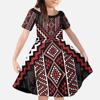 Red Tukutuku Pattern Aotearoa Kid Short Sleeve Dress Niho Taniwha and Puhoro Motifs