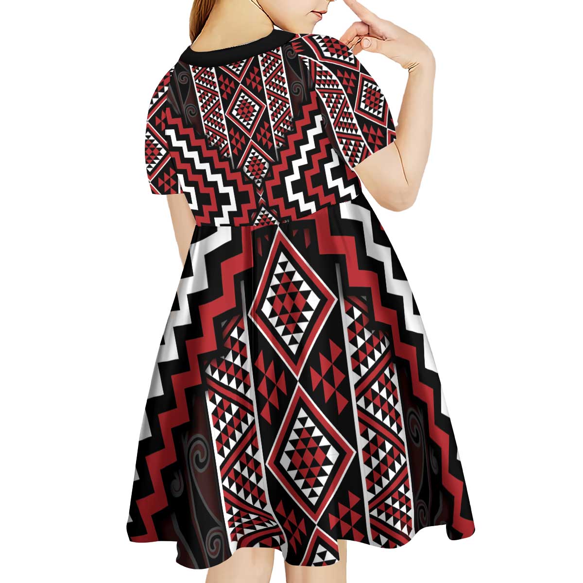 Red Tukutuku Pattern Aotearoa Kid Short Sleeve Dress Niho Taniwha and Puhoro Motifs