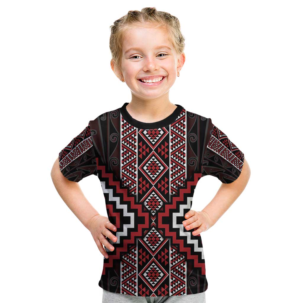 Red Tukutuku Pattern Aotearoa Kid T Shirt Niho Taniwha and Puhoro Motifs LT7 Red - Polynesian Pride