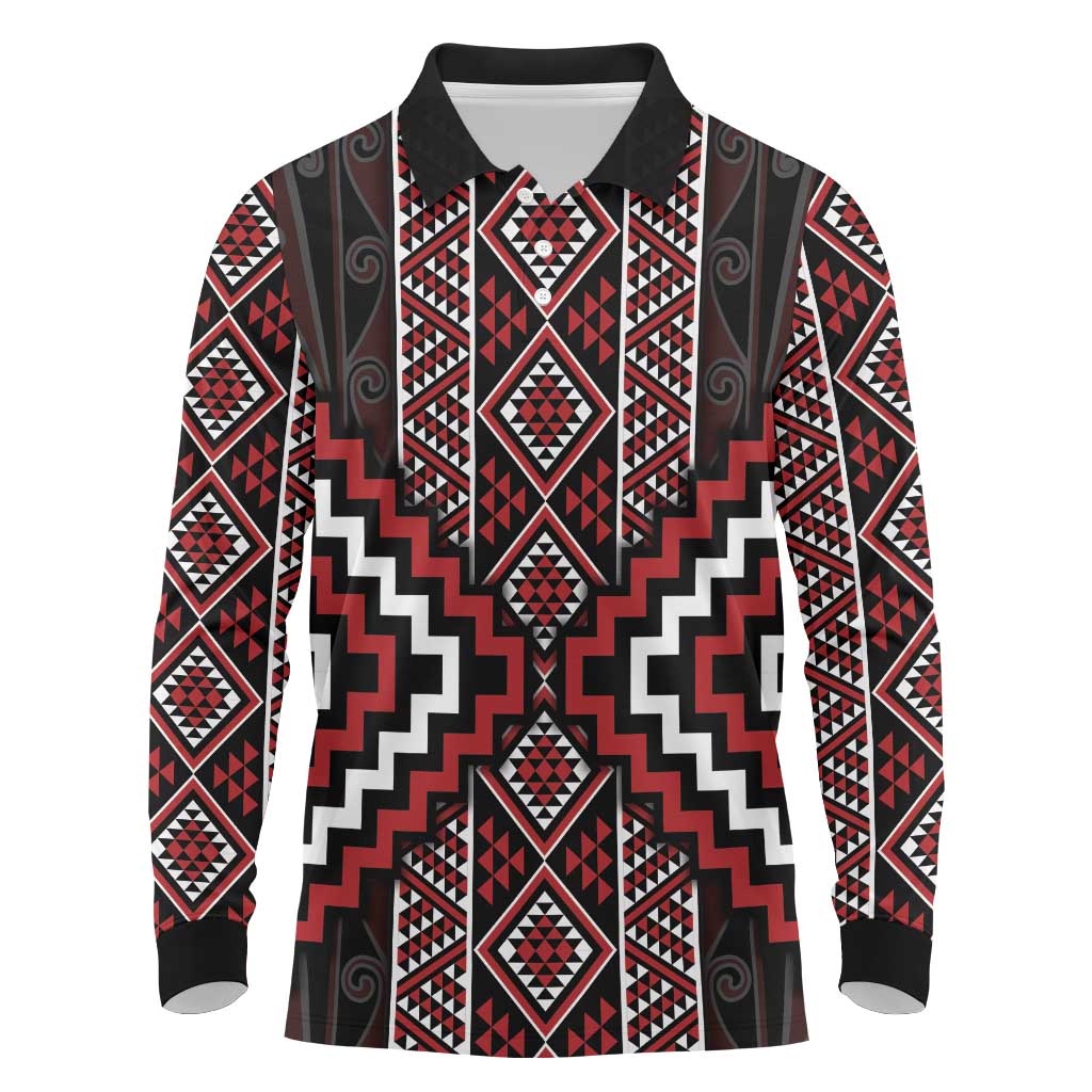 Red Tukutuku Pattern Aotearoa Long Sleeve Polo Shirt Niho Taniwha and Puhoro Motifs LT7 Red - Polynesian Pride