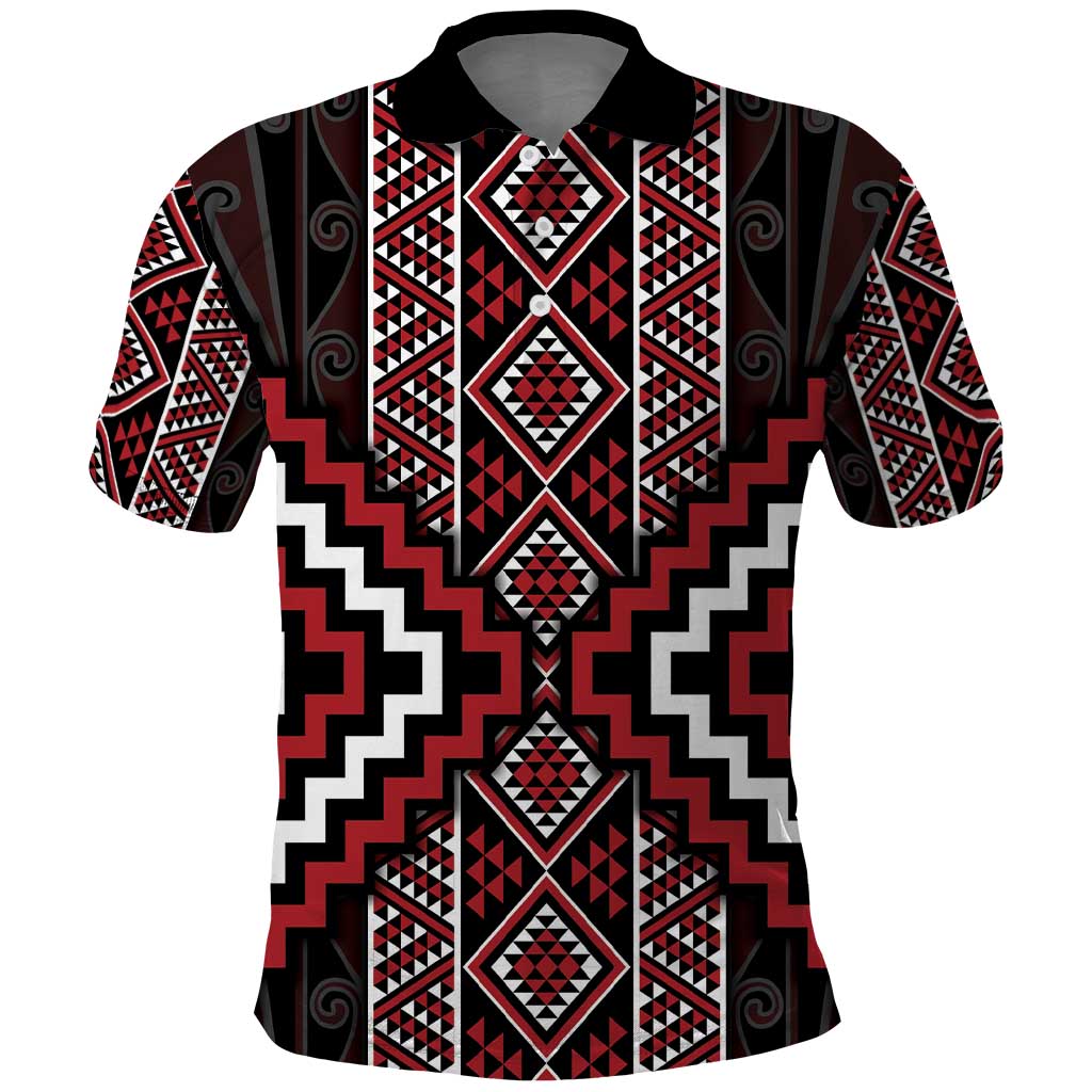 Red Tukutuku Pattern Aotearoa Polo Shirt Niho Taniwha and Puhoro Motifs