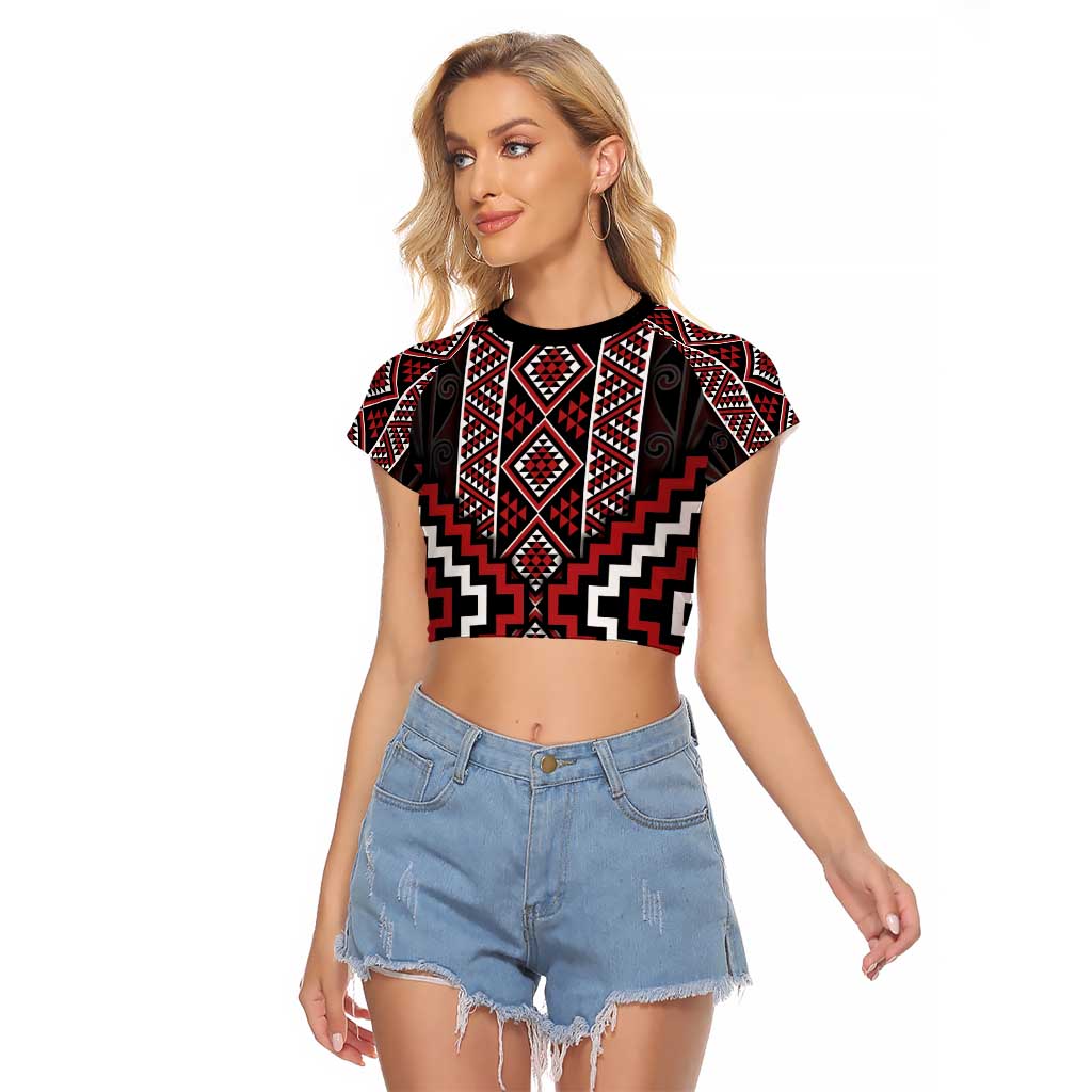 Red Tukutuku Pattern Aotearoa Raglan Cropped T Shirt Niho Taniwha and Puhoro Motifs LT7 Female Red - Polynesian Pride