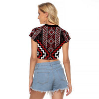 Red Tukutuku Pattern Aotearoa Raglan Cropped T Shirt Niho Taniwha and Puhoro Motifs LT7 - Polynesian Pride
