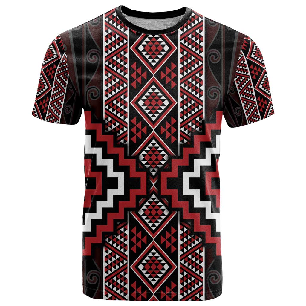 Red Tukutuku Pattern Aotearoa T Shirt Niho Taniwha and Puhoro Motifs LT7 Red - Polynesian Pride