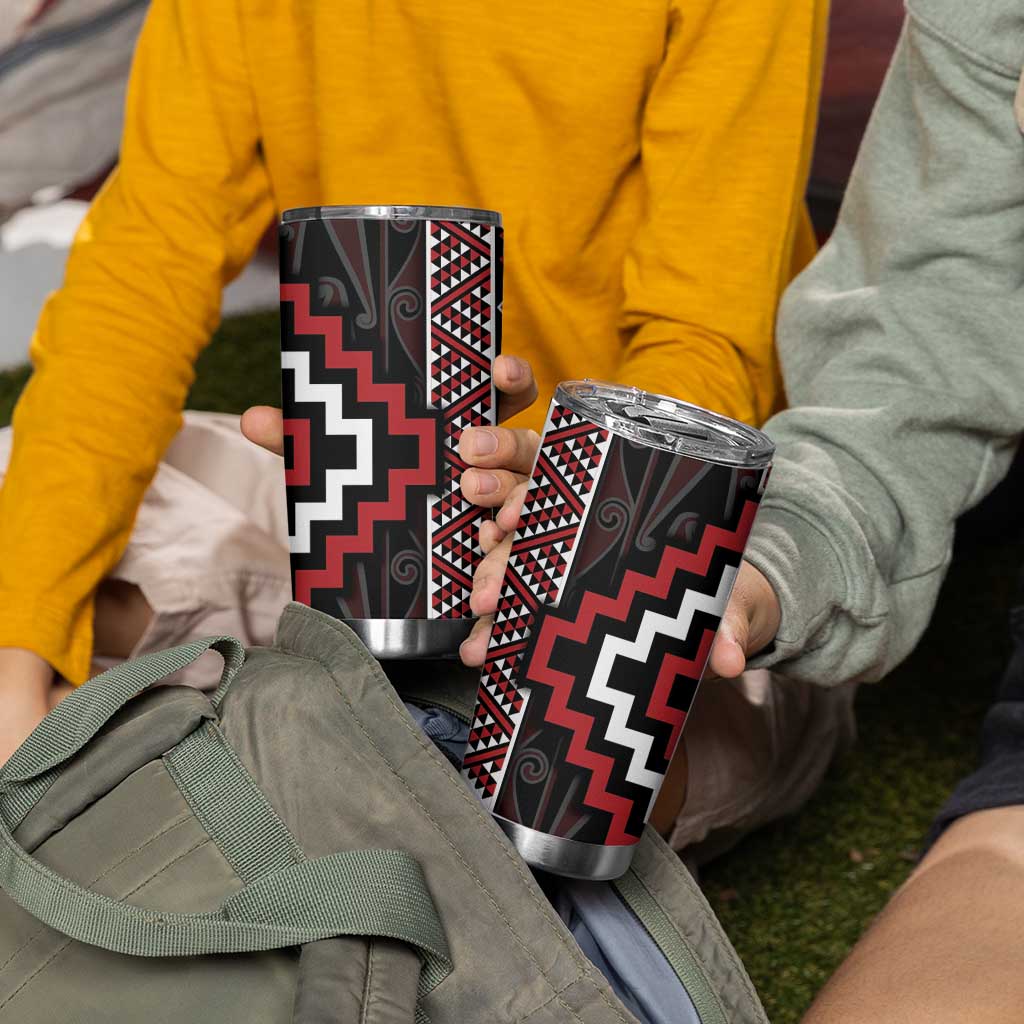 Red Tukutuku Pattern Aotearoa Tumbler Cup Niho Taniwha and Puhoro Motifs