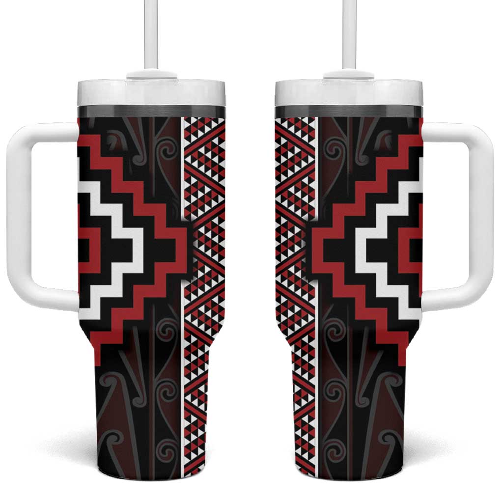 Red Tukutuku Pattern Aotearoa Tumbler With Handle Niho Taniwha and Puhoro Motifs
