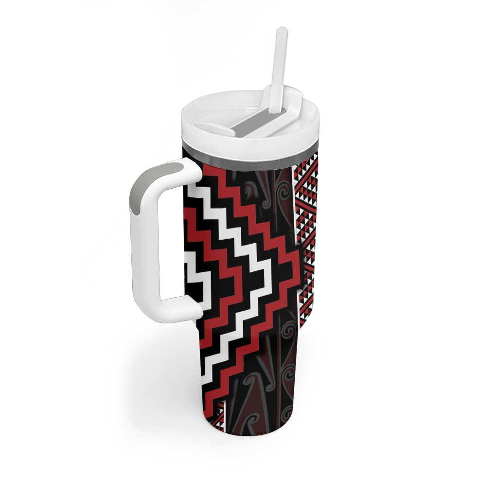 Red Tukutuku Pattern Aotearoa Tumbler With Handle Niho Taniwha and Puhoro Motifs