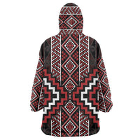 Red Tukutuku Pattern Aotearoa Wearable Blanket Hoodie Niho Taniwha and Puhoro Motifs