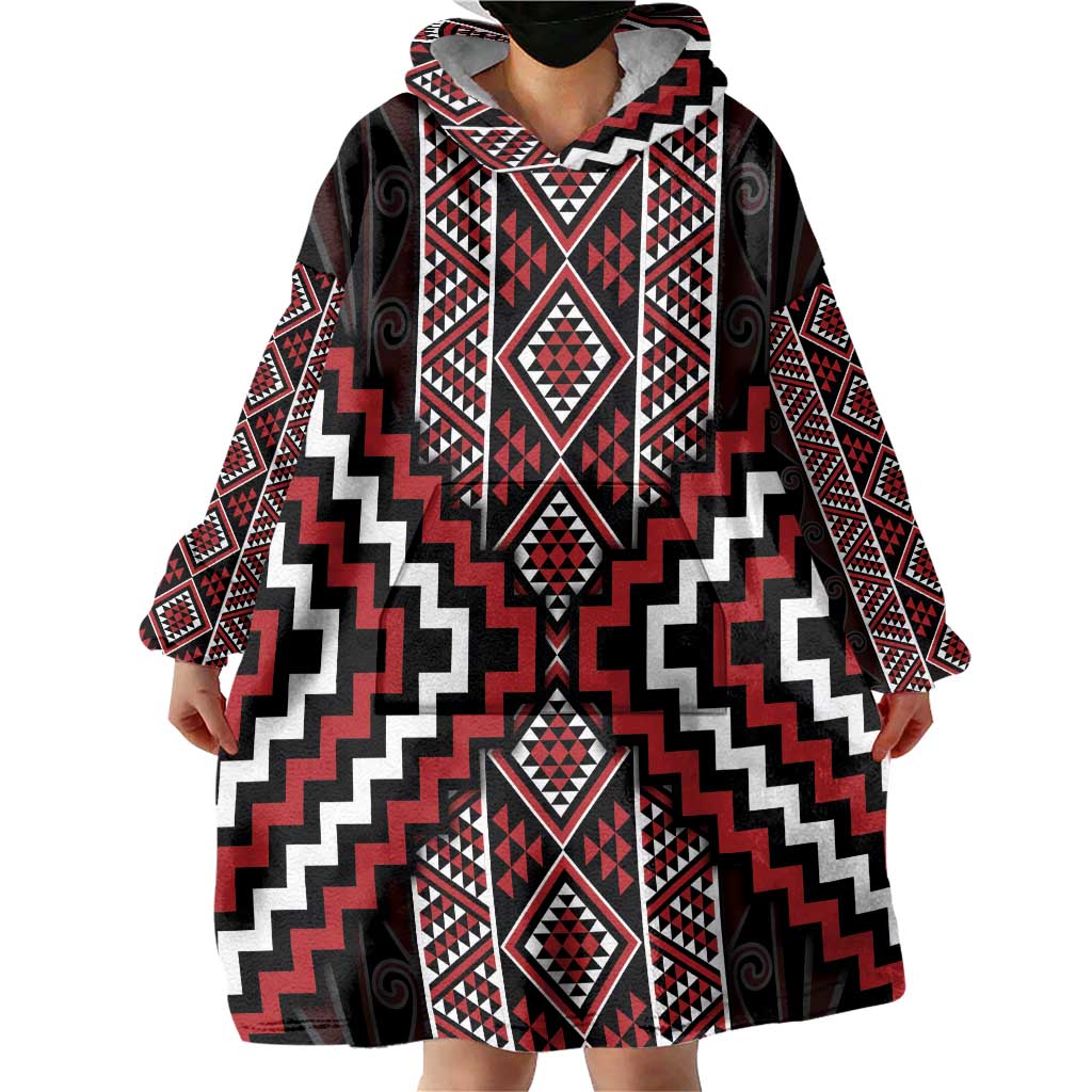 Red Tukutuku Pattern Aotearoa Wearable Blanket Hoodie Niho Taniwha and Puhoro Motifs