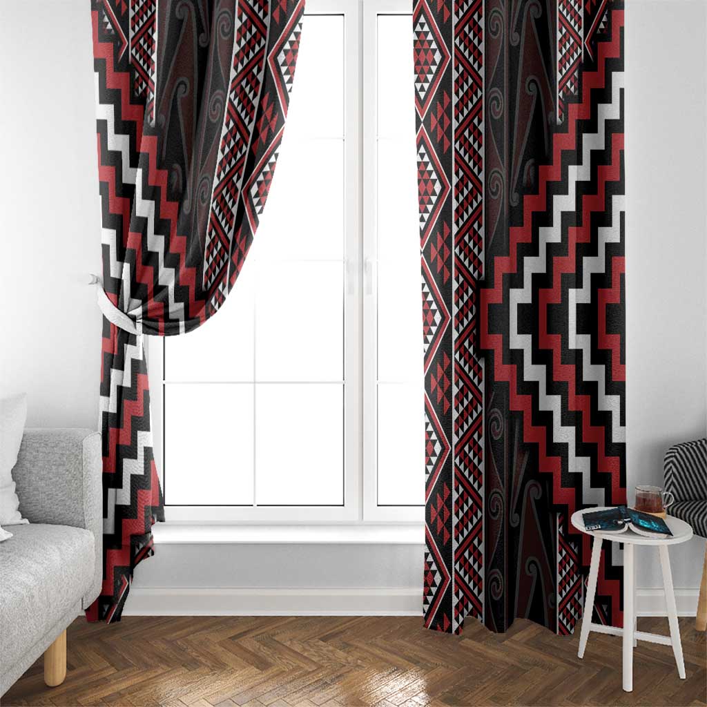 Red Tukutuku Pattern Aotearoa Window Curtain Niho Taniwha and Puhoro Motifs