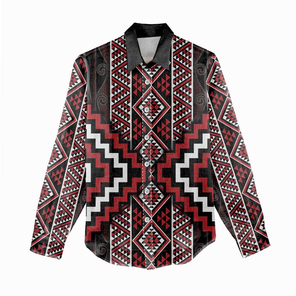 Red Tukutuku Pattern Aotearoa Women Casual Shirt Niho Taniwha and Puhoro Motifs