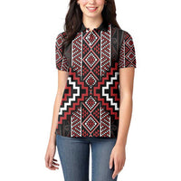 Red Tukutuku Pattern Aotearoa Women Polo Shirt Niho Taniwha and Puhoro Motifs