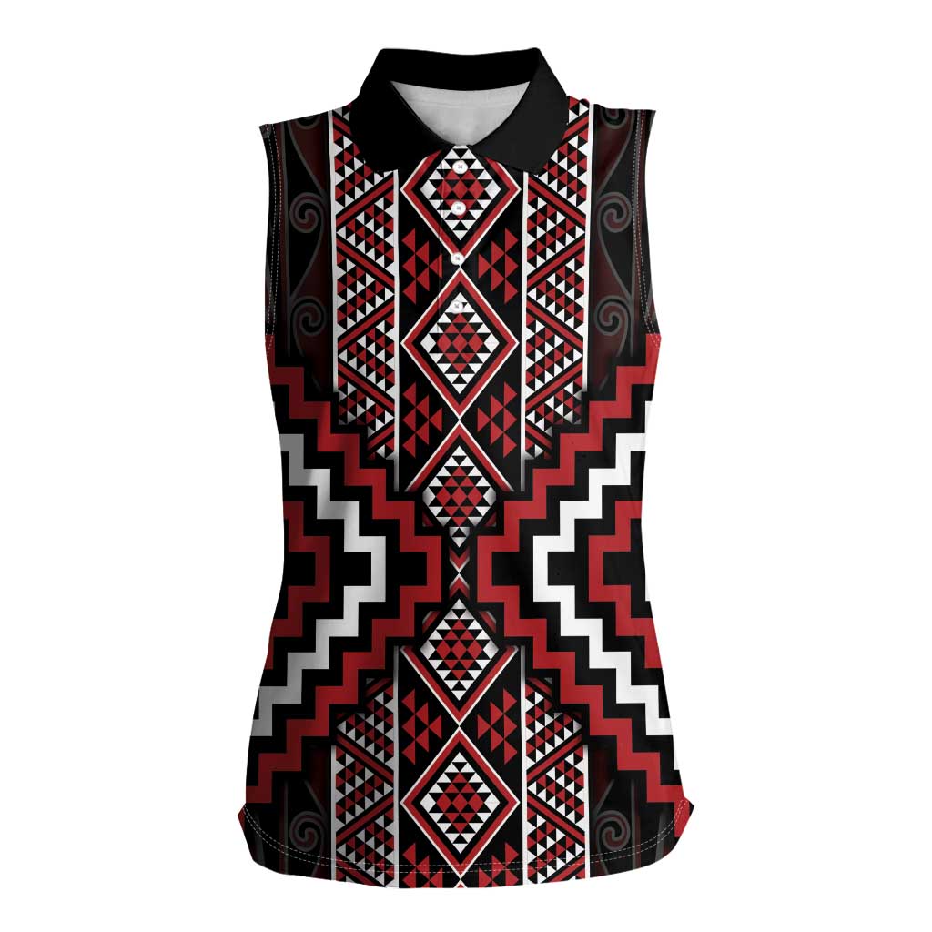 Red Tukutuku Pattern Aotearoa Women Sleeveless Polo Shirt Niho Taniwha and Puhoro Motifs LT7 Female Red - Polynesian Pride
