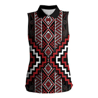 Red Tukutuku Pattern Aotearoa Women Sleeveless Polo Shirt Niho Taniwha and Puhoro Motifs LT7 Female Red - Polynesian Pride