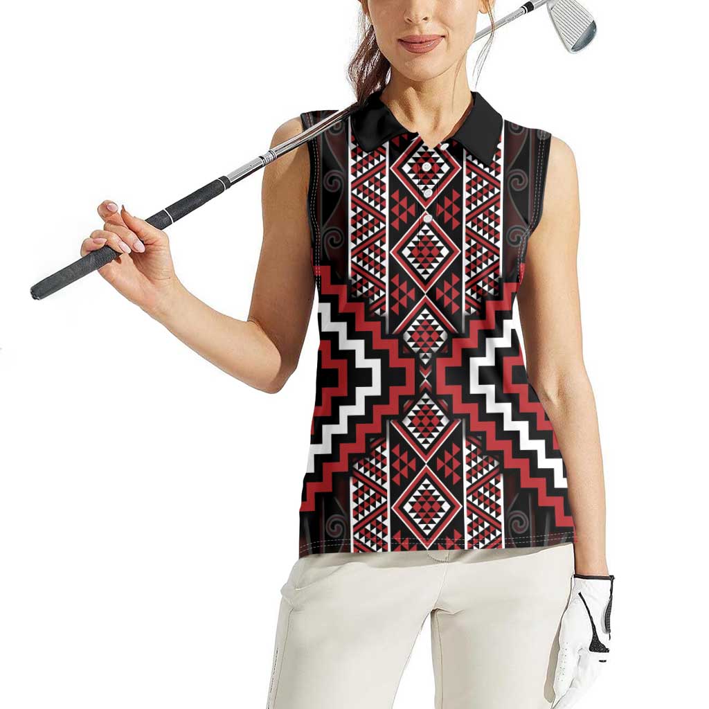 Red Tukutuku Pattern Aotearoa Women Sleeveless Polo Shirt Niho Taniwha and Puhoro Motifs LT7 - Polynesian Pride