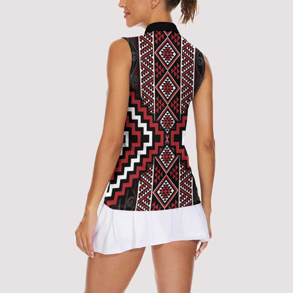 Red Tukutuku Pattern Aotearoa Women Sleeveless Polo Shirt Niho Taniwha and Puhoro Motifs LT7 - Polynesian Pride