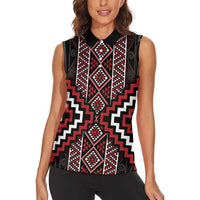 Red Tukutuku Pattern Aotearoa Women Sleeveless Polo Shirt Niho Taniwha and Puhoro Motifs LT7 - Polynesian Pride