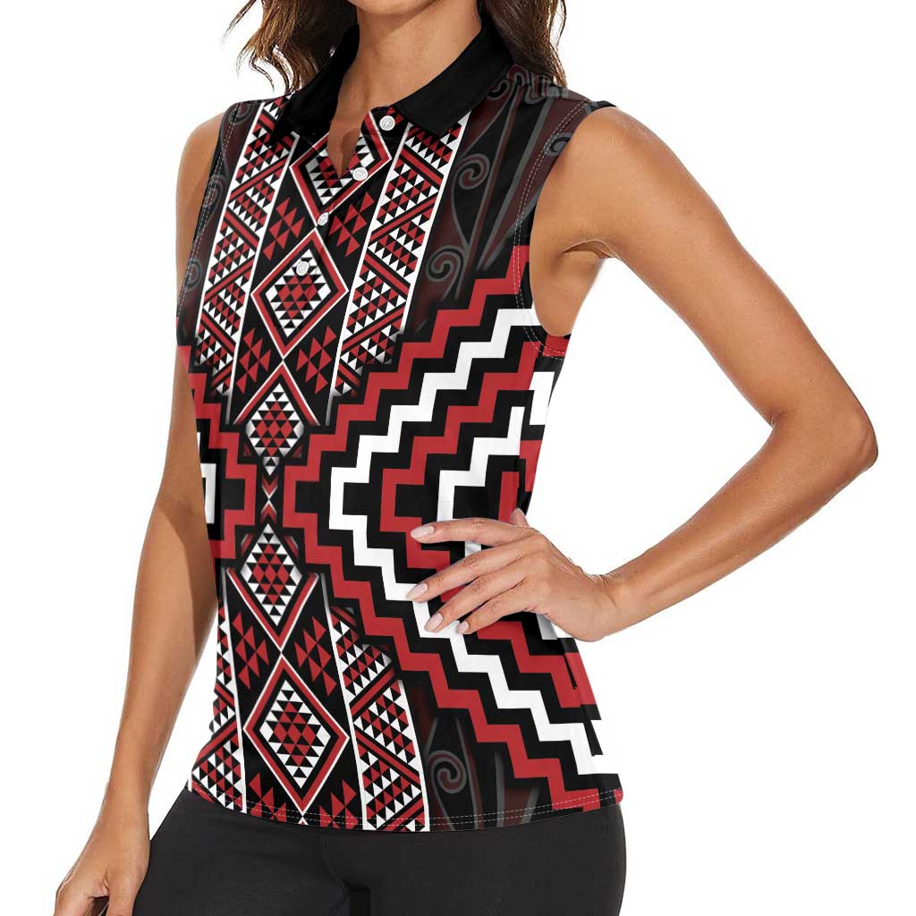 Red Tukutuku Pattern Aotearoa Women Sleeveless Polo Shirt Niho Taniwha and Puhoro Motifs LT7 - Polynesian Pride