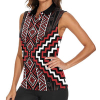 Red Tukutuku Pattern Aotearoa Women Sleeveless Polo Shirt Niho Taniwha and Puhoro Motifs LT7 - Polynesian Pride