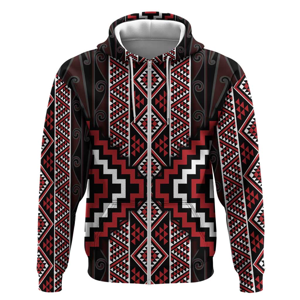 Red Tukutuku Pattern Aotearoa Zip Hoodie Niho Taniwha and Puhoro Motifs