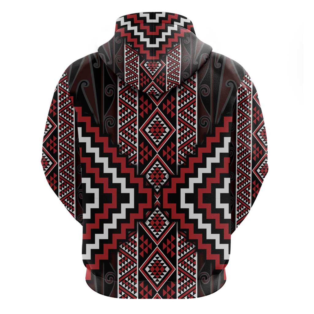 Red Tukutuku Pattern Aotearoa Zip Hoodie Niho Taniwha and Puhoro Motifs