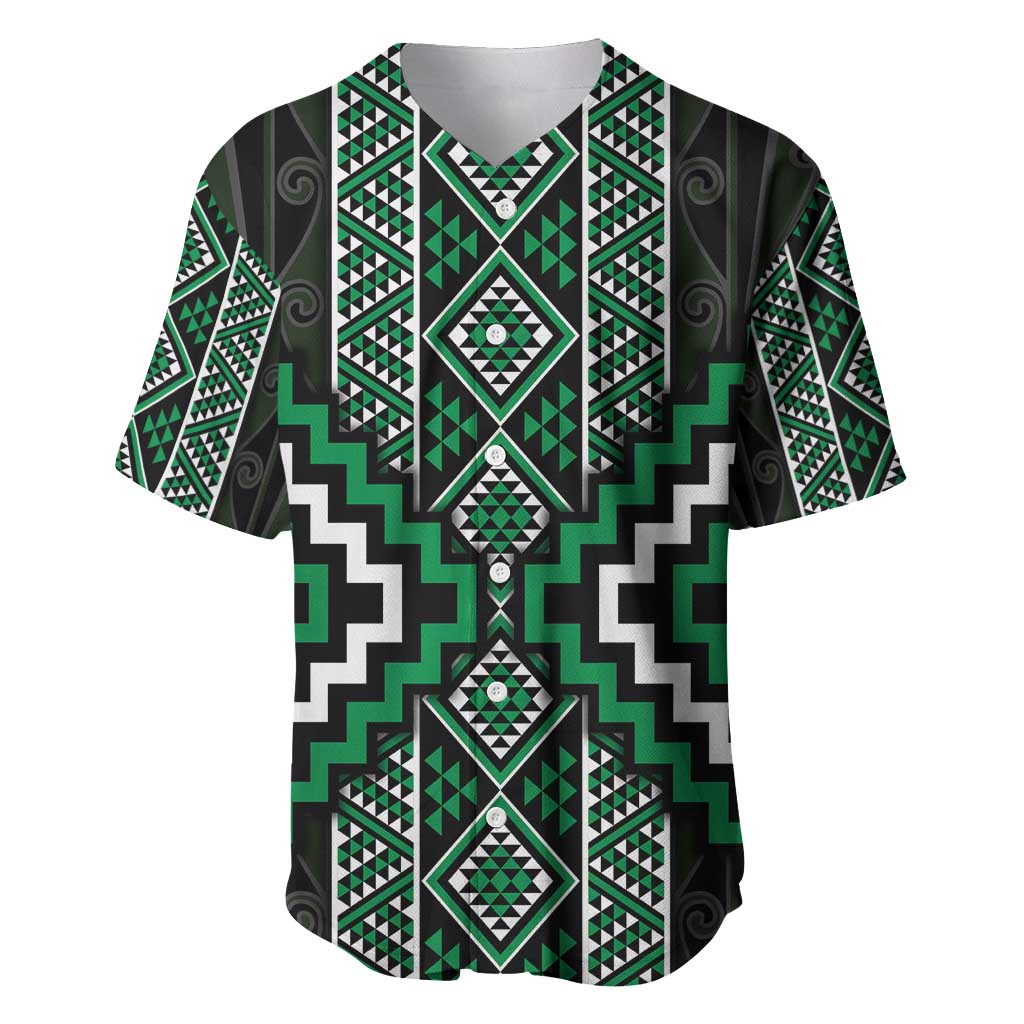 Jade Tukutuku Pattern Aotearoa Baseball Jersey Niho Taniwha and Puhoro Motifs LT7 Green - Polynesian Pride