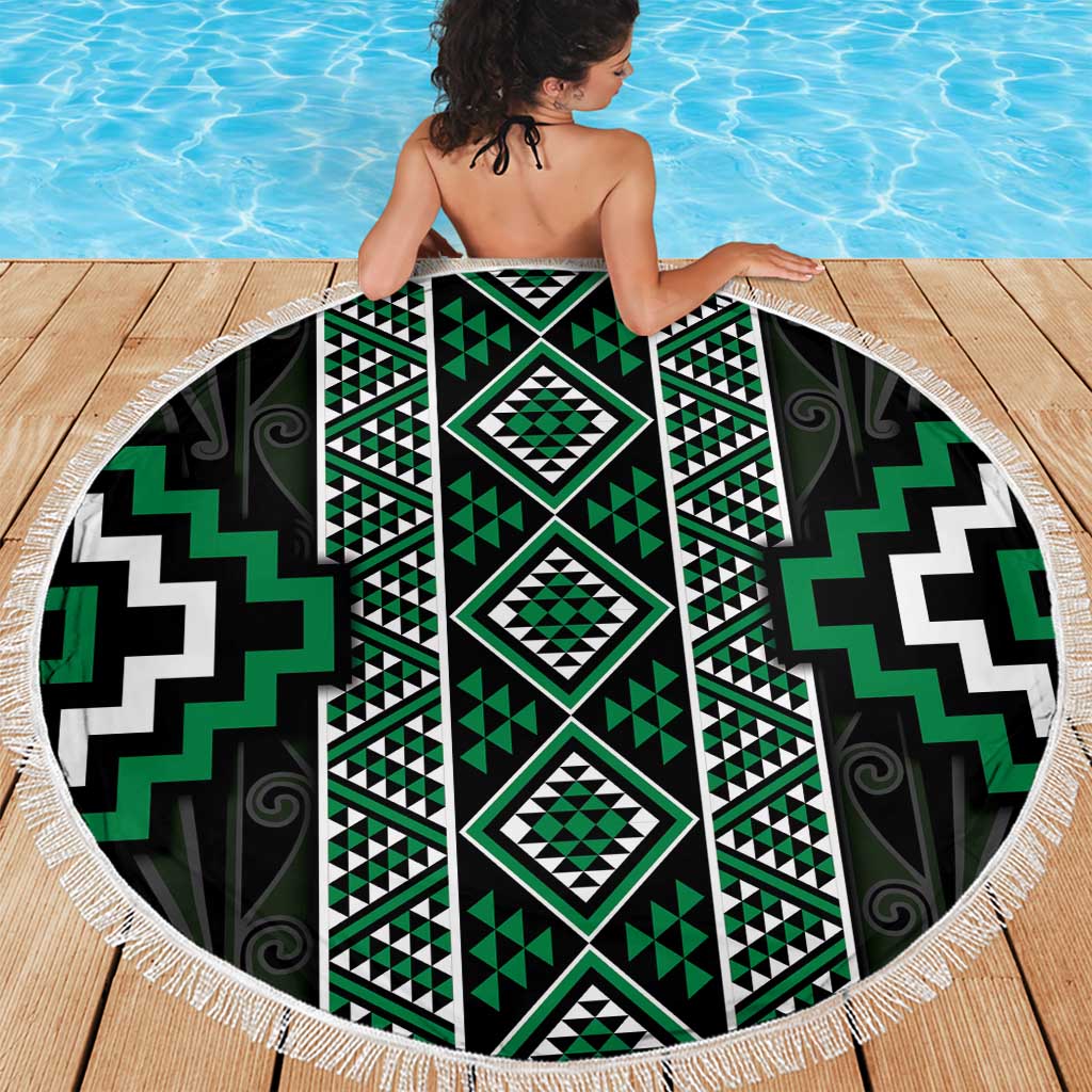 Jade Tukutuku Pattern Aotearoa Beach Blanket Niho Taniwha and Puhoro Motifs