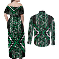 Jade Tukutuku Pattern Aotearoa Couples Matching Off Shoulder Maxi Dress and Long Sleeve Button Shirt Niho Taniwha and Puhoro Motifs