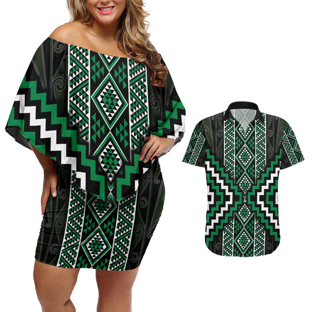 Jade Tukutuku Pattern Aotearoa Couples Matching Off Shoulder Short Dress and Hawaiian Shirt Niho Taniwha and Puhoro Motifs