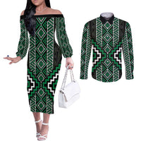 Jade Tukutuku Pattern Aotearoa Couples Matching Off The Shoulder Long Sleeve Dress and Long Sleeve Button Shirt Niho Taniwha and Puhoro Motifs