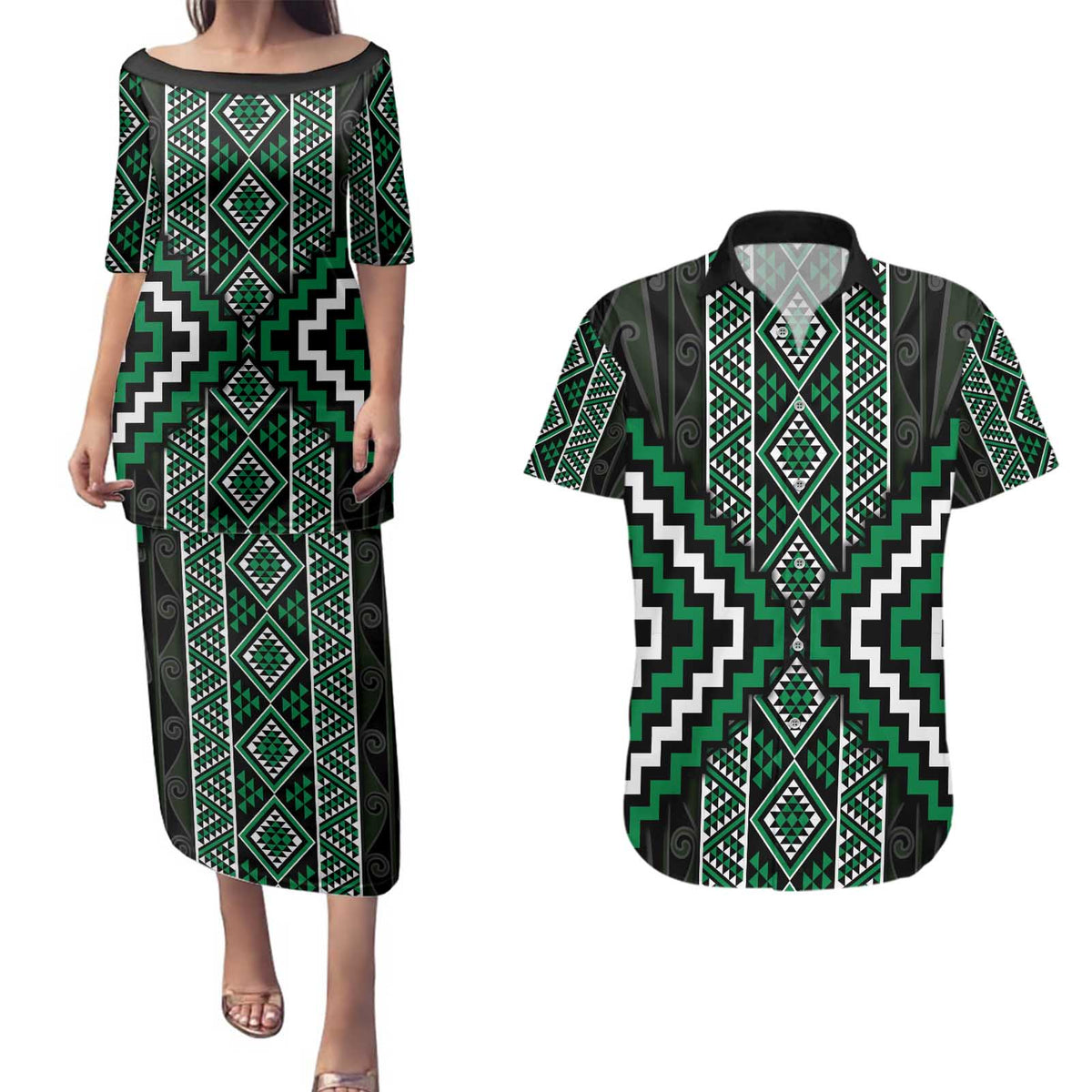 Jade Tukutuku Pattern Aotearoa Couples Matching Puletasi and Hawaiian Shirt Niho Taniwha and Puhoro Motifs
