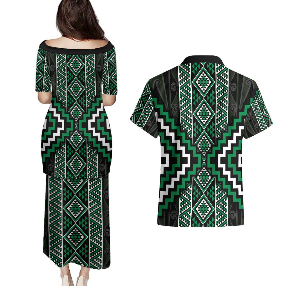 Jade Tukutuku Pattern Aotearoa Couples Matching Puletasi and Hawaiian Shirt Niho Taniwha and Puhoro Motifs
