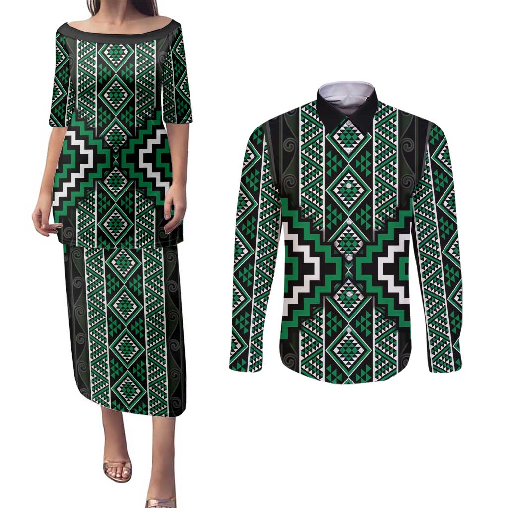 Jade Tukutuku Pattern Aotearoa Couples Matching Puletasi and Long Sleeve Button Shirt Niho Taniwha and Puhoro Motifs
