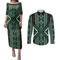 Jade Tukutuku Pattern Aotearoa Couples Matching Puletasi and Long Sleeve Button Shirt Niho Taniwha and Puhoro Motifs