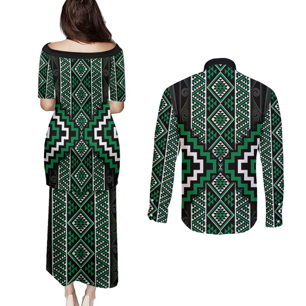 Jade Tukutuku Pattern Aotearoa Couples Matching Puletasi and Long Sleeve Button Shirt Niho Taniwha and Puhoro Motifs