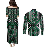 Jade Tukutuku Pattern Aotearoa Couples Matching Puletasi and Long Sleeve Button Shirt Niho Taniwha and Puhoro Motifs