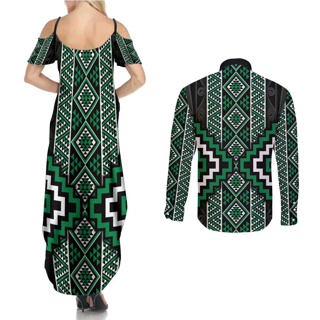 Jade Tukutuku Pattern Aotearoa Couples Matching Summer Maxi Dress and Long Sleeve Button Shirt Niho Taniwha and Puhoro Motifs