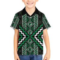 Jade Tukutuku Pattern Aotearoa Family Matching Off Shoulder Short Dress and Hawaiian Shirt Niho Taniwha and Puhoro Motifs