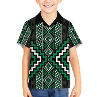 Jade Tukutuku Pattern Aotearoa Kid Hawaiian Shirt Niho Taniwha and Puhoro Motifs