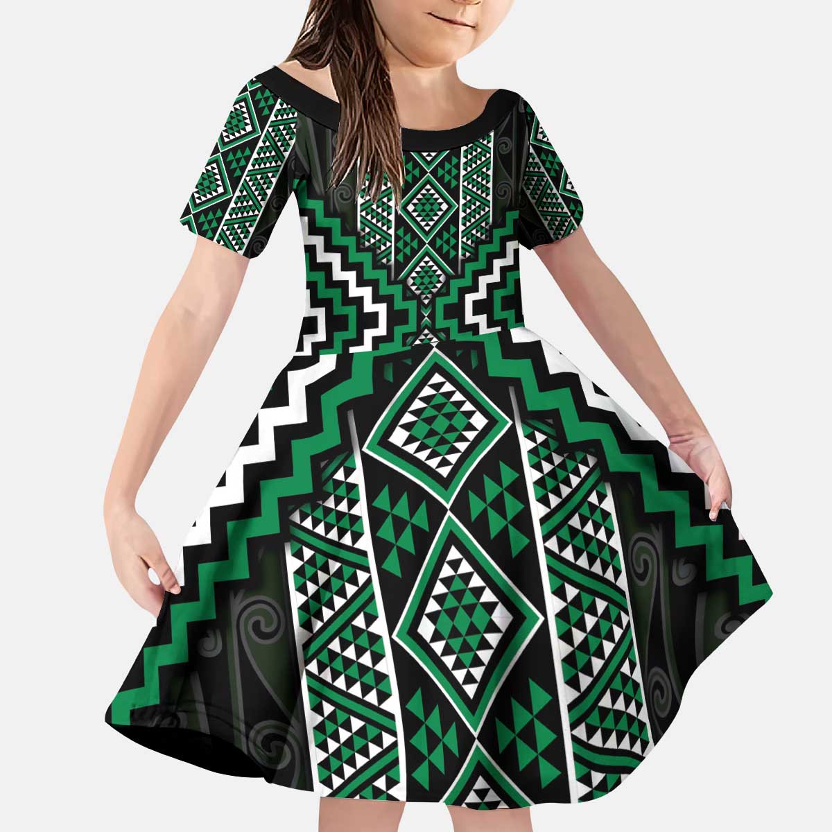 Jade Tukutuku Pattern Aotearoa Kid Short Sleeve Dress Niho Taniwha and Puhoro Motifs