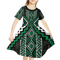 Jade Tukutuku Pattern Aotearoa Kid Short Sleeve Dress Niho Taniwha and Puhoro Motifs