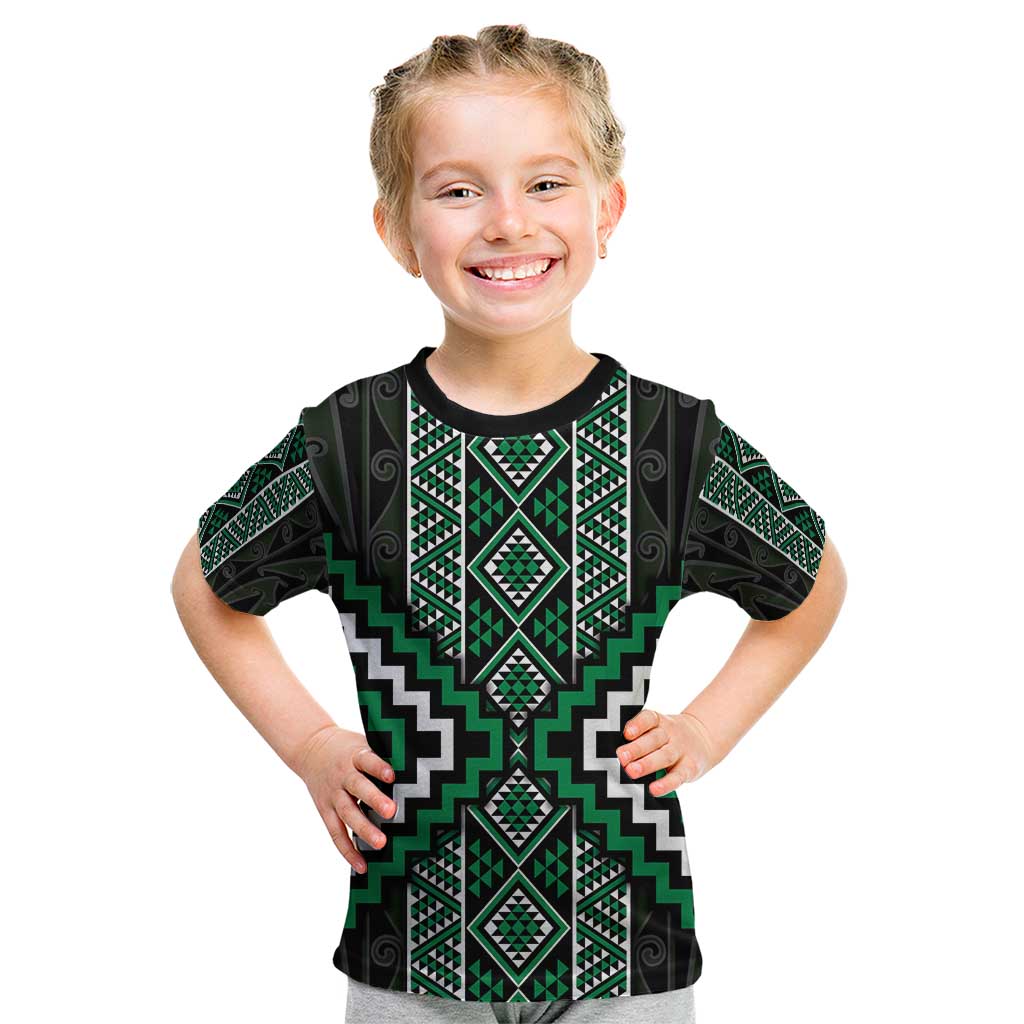 Jade Tukutuku Pattern Aotearoa Kid T Shirt Niho Taniwha and Puhoro Motifs LT7 Green - Polynesian Pride
